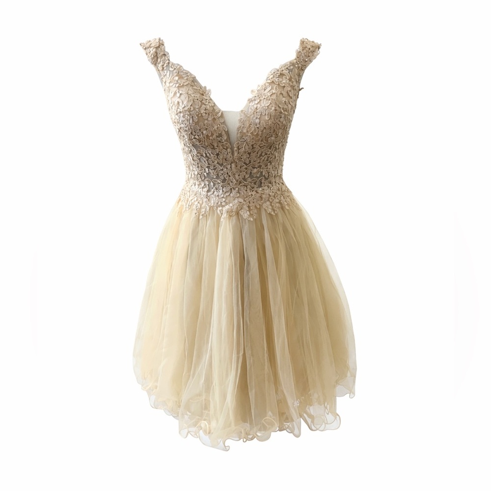 May Queen Champagne Lace Tulle A-Line Formal Prom Dress